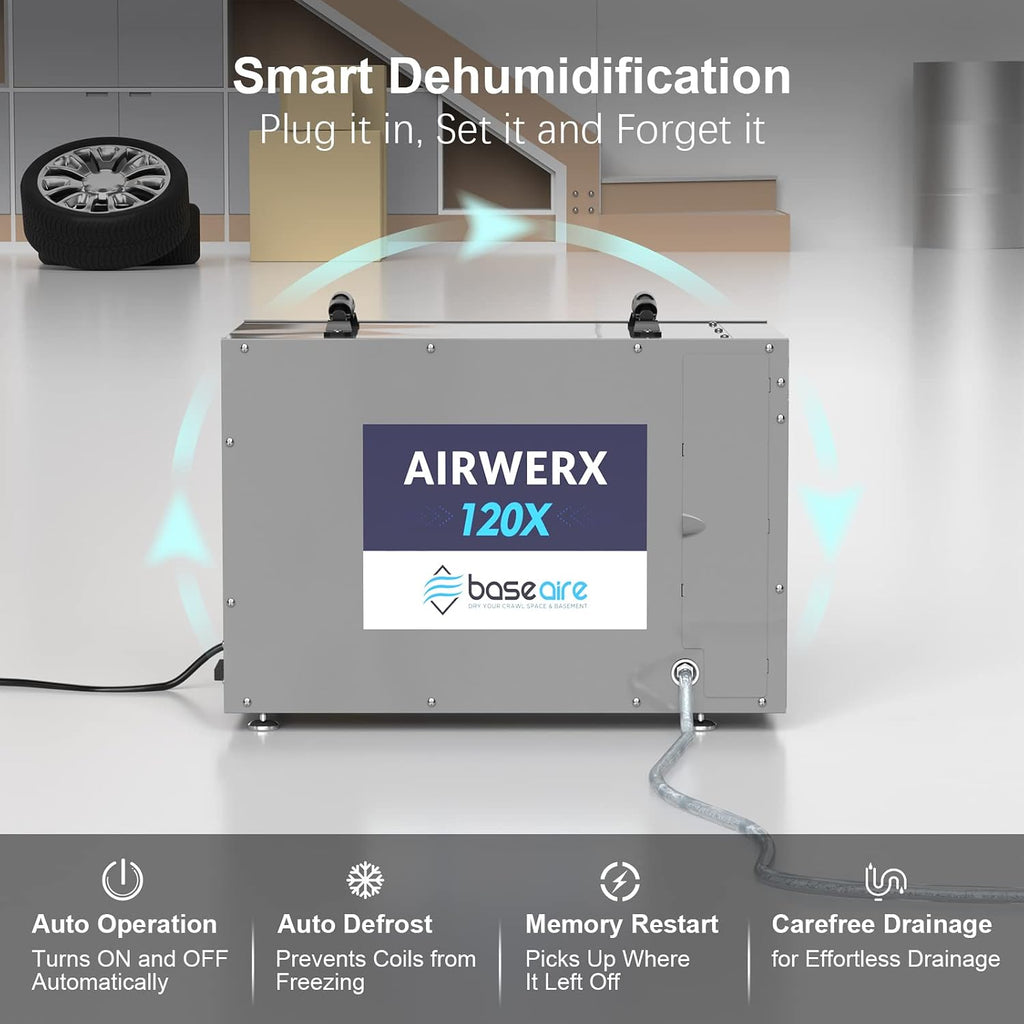 BASEAIRE 235 Pints Crawl Space Commercial Dehumidifier with Pump, AirWerx120X Dehumidifier Whole Homes, Basements, up to 3,300 sq. ft. cETL, Water Damage Storage