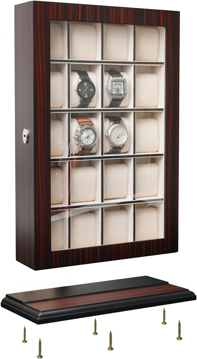TIMELYBUYS 20 Piece Ebony Wood Watch Display Wall Hanging Case and Storage Organizer Box and Stand for Oversized Watches