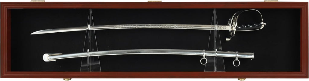 Sword Display Case Cabinet Stand Holder Wall Rack Holds Military Saber or Samurai Sword Lockable UV Protection Door Black Felt Inside, with Mahogany Finish Frame