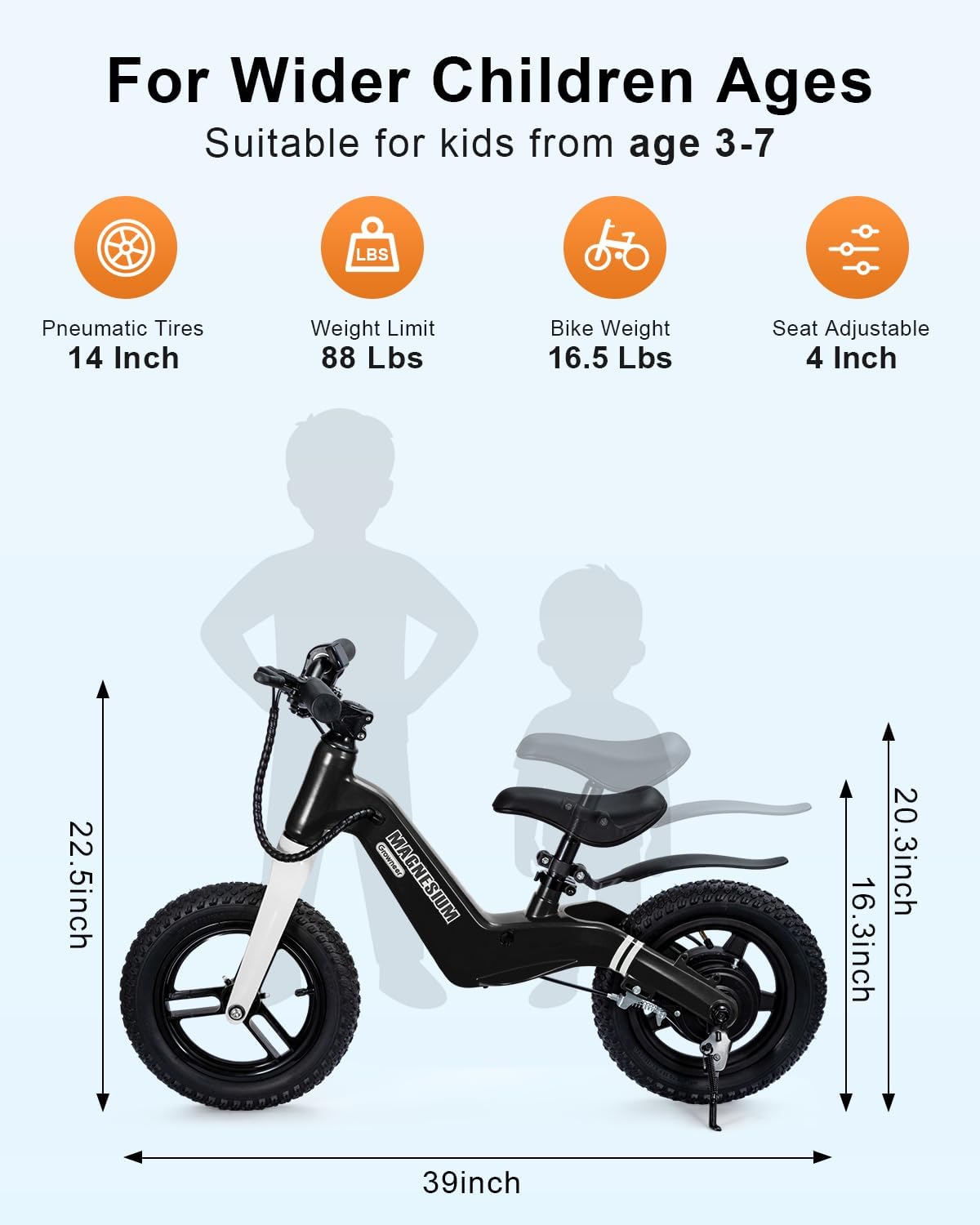 GROWNEER Electric Balance Bike for Kids, 12/14 Inch Tires, Ages 3-6, Lightweight Magnesium Alloy Frame, 3 Speed Settings(3.1/6.2/9.3 MPH), Light-up Front Tire & Adjustable Seat, Toddler Electric Bike