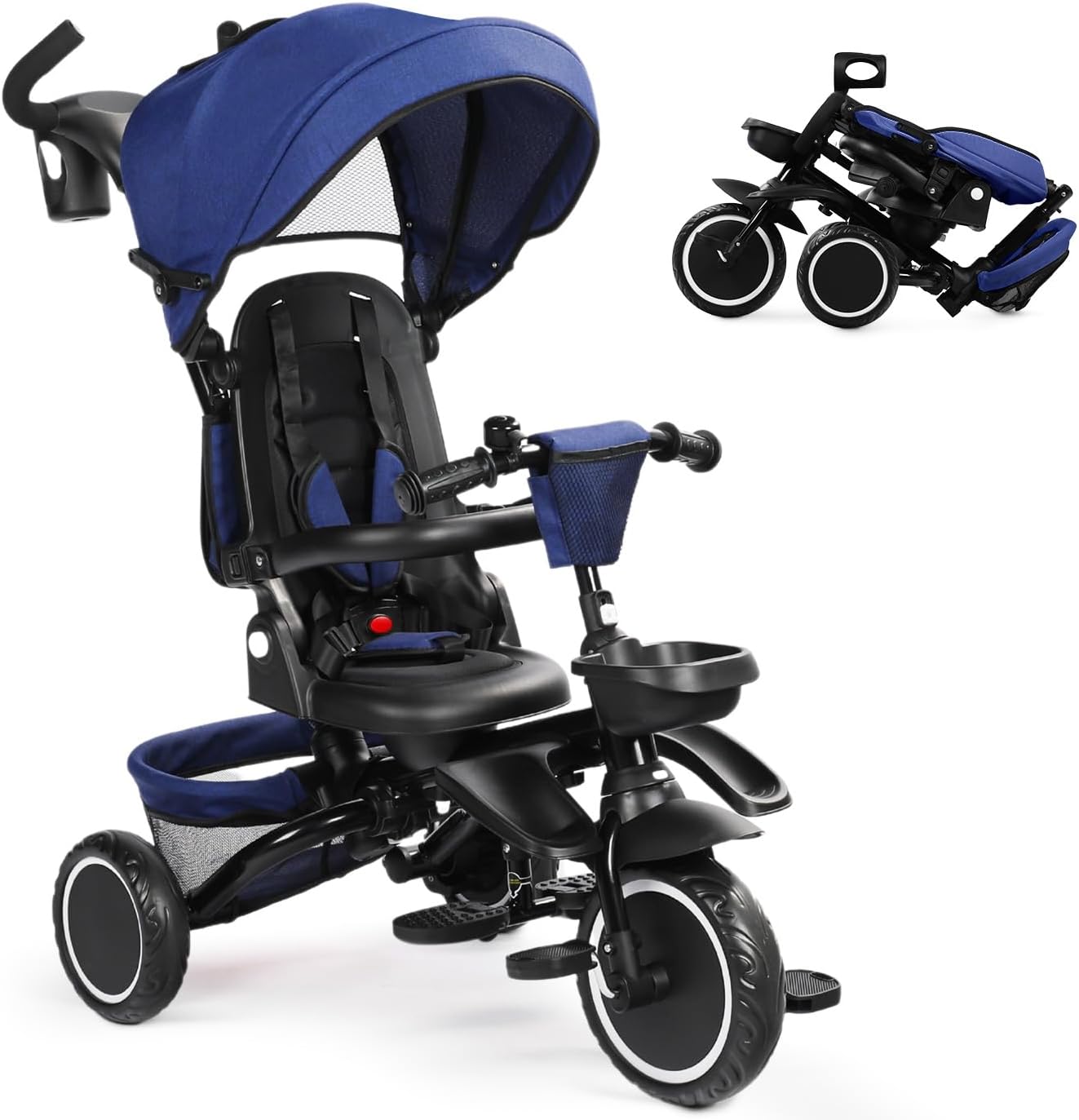 TODEFULL Folding Kids Tricycle, 8 in 1 Toddler Trike W/Removable & Adjustable Canopy, Parent Handle, 5-Piont Harness, Toddler Bike Tricycle for Kids 1-6 Years, EVA Wheels, Storage Basket, Blue