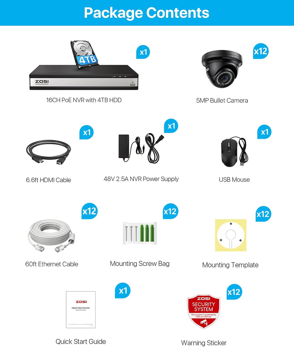 ZOSI H.265+ 4K 16CH PoE Security Camera System, 12 X Wired 5MP (3K) Dome PoE IP Cameras Outdoor Indoor, 16CH NVR with 4TB HDD for 24/7 Recording, 80ft Night Vision, Motion Detection, Remote Access