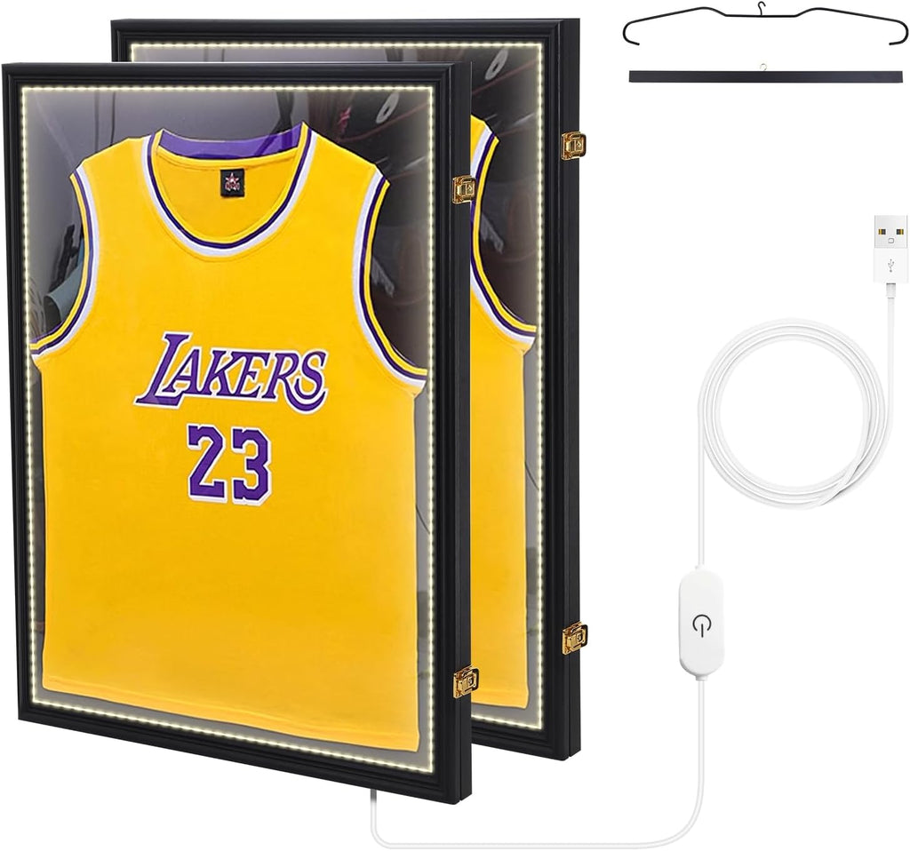 Nice C Jersey Frame Display Case with Lights, Jersey Shadow Box Display Case, Football Jersey Display Case with LED, 98% UV Protection, Valet Pinboard, Acrylic, Basketball (LED 2 Pack)
