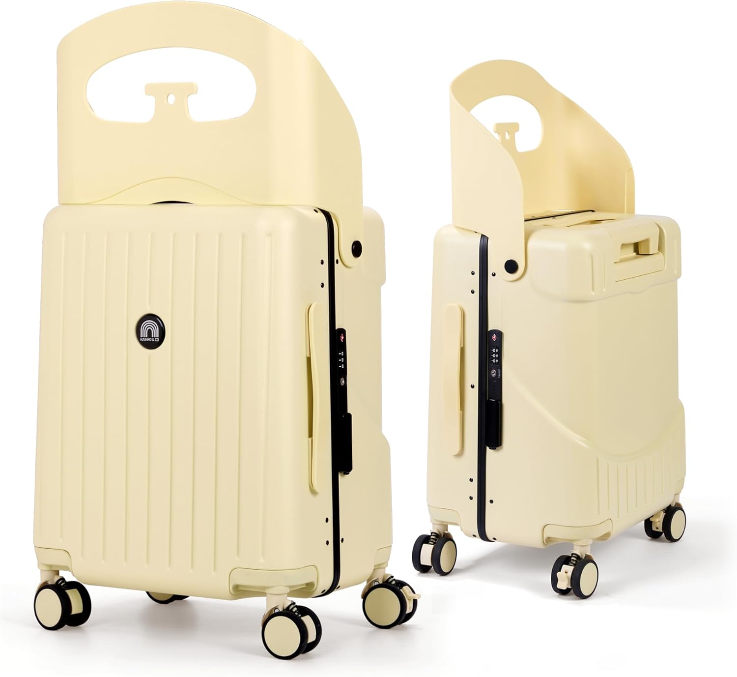 RAINRO & CO Butter Beige 20' Ride-On Suitcase for Kids (Ages 3–5), Carry-On Luggage with Seat, Spinner Wheels, TSA Lock & Lightweight Durable Hardshell