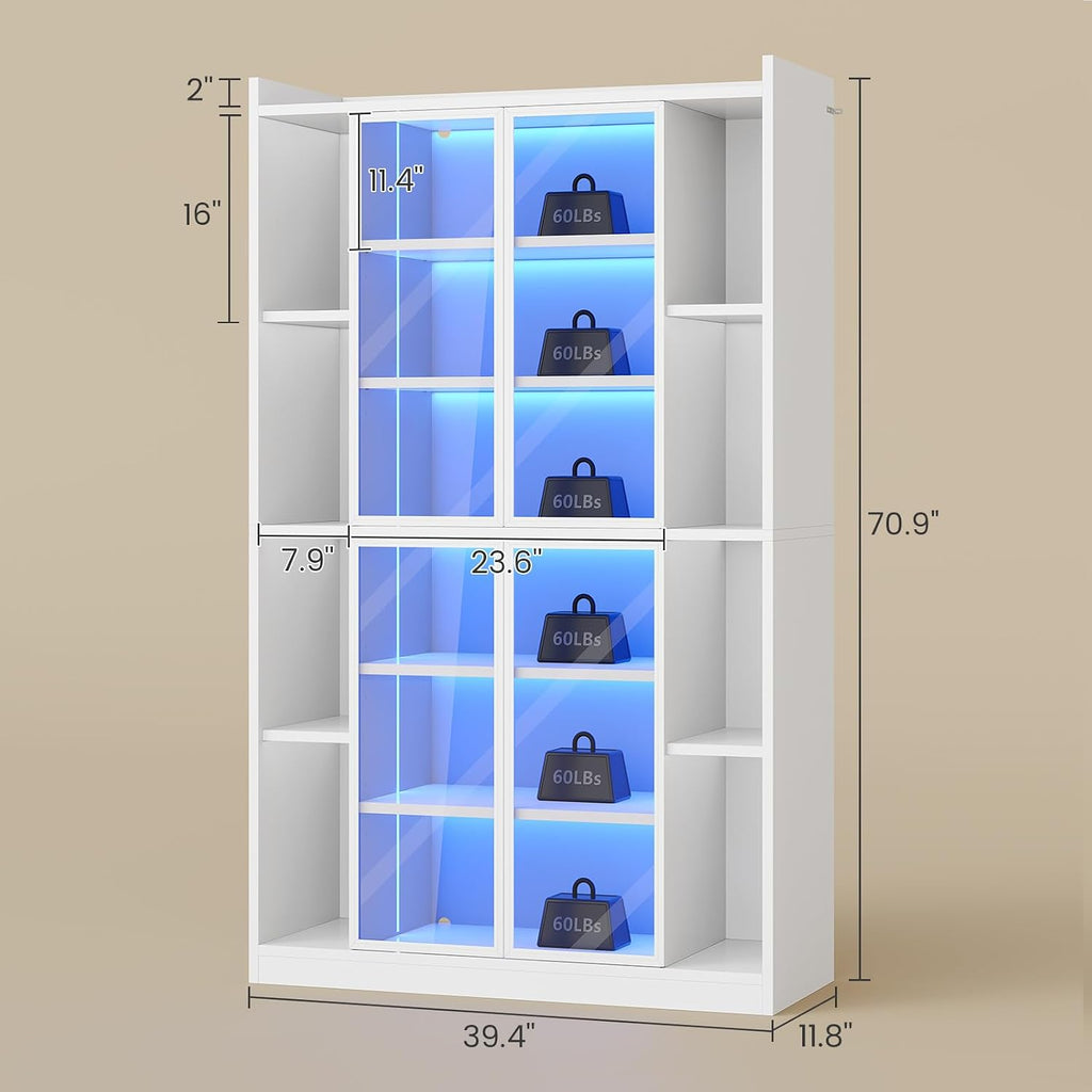 SEDETA 71' Display Cabinet with Acrylic Glass Doors, 6 Tier Curio Cabinet with LED Lights, Tall Bookcase with Adjustable Shelves, Display Cases for Collectibles, Bedroom, Living Room, Office, White
