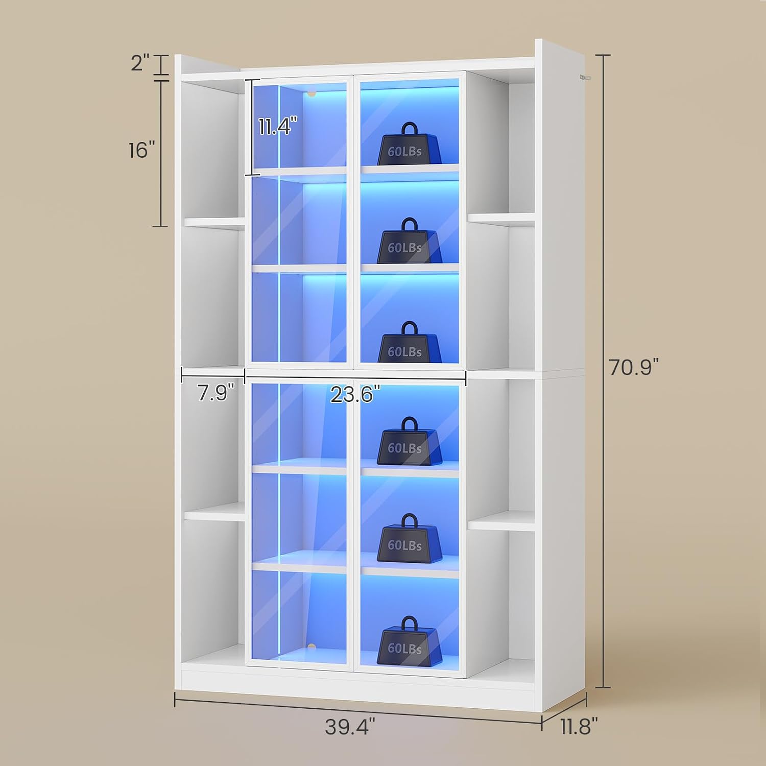 SEDETA 71' Display Cabinet with Acrylic Glass Doors, 6 Tier Curio Cabinet with LED Lights, Tall Bookcase with Adjustable Shelves, Display Cases for Collectibles, Bedroom, Living Room, Office, White