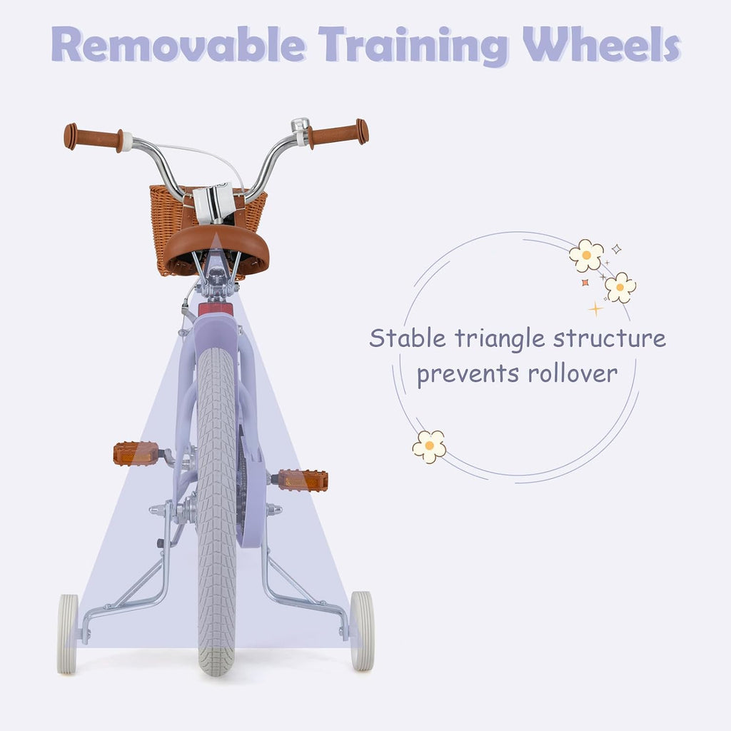 Olakids Kids Bike, 12 14 16 18 20 Inch Toddlers Bike with Training Wheels Rattan Basket Safety Bell Adjustable Seat and Handlebar, Children's Bicycle for Girls Boys