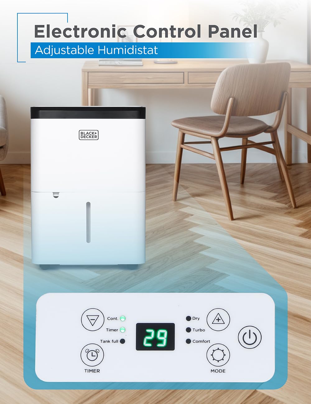 BLACK+DECKER 1000 Sq. Ft. Dehumidifier for Home, Bedroom and Basement, Up To 9 Pints Per Day, ENERGY STAR Certified, 3.3-Pint Bucket, LED Display, Auto Defrost & Restart, BDT08TW, White