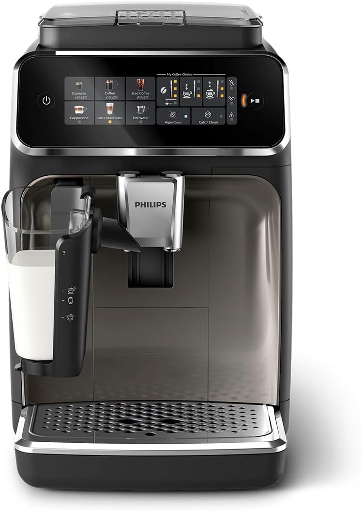 PHILIPS 3300 Series Fully Automatic Espresso Machine - LatteGo Milk System, 5 Coffee Varieties, Intuitive Touch Display, SilentBrew, 100% Ceramic Grinder, AquaClean Filter, Glossy Black (EP3347/90)