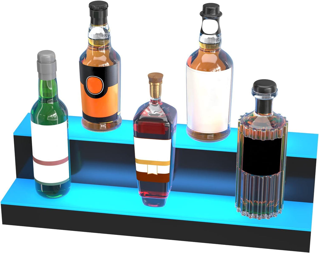 VEVOR LED Lighted Liquor Bottle Display, 2 Tiers 24 Inches, Supports USB, Illuminated Home Bar Shelf with RF Remote & App Control 7 Static Colors 1-4 H Timing, Acrylic Lighted Shelf for 12 Bottles
