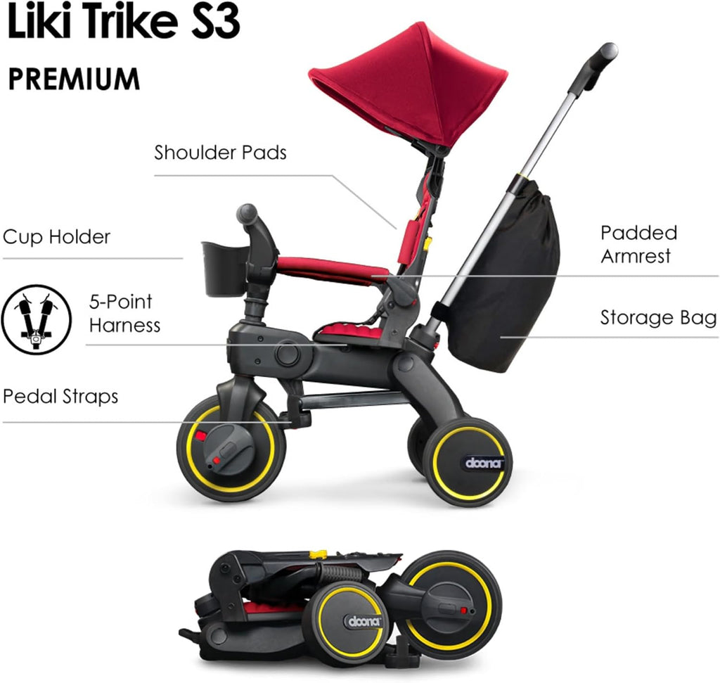 Doona Liki Trike S3, Flame Red - 5-in-1 Compact, Foldable Tricycle - Suitable for Toddlers 10 to 36 Months