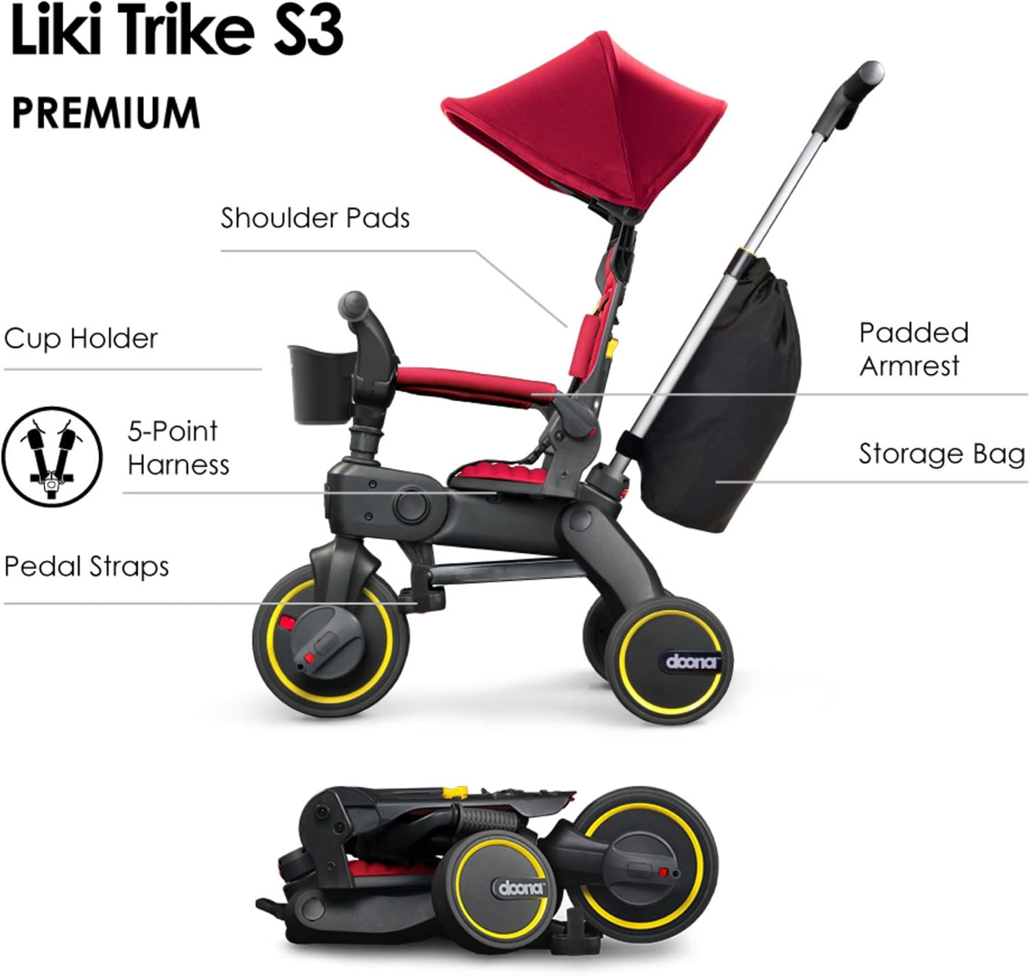 Doona Liki Trike S3, Flame Red - 5-in-1 Compact, Foldable Tricycle - Suitable for Toddlers 10 to 36 Months