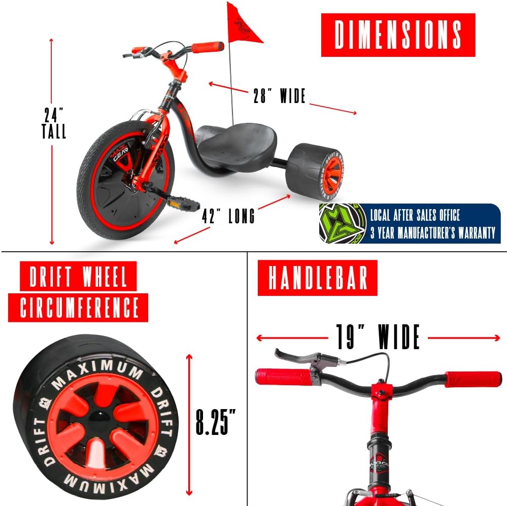 Drift Trike for Kids Ages 5+ – 16' Front Wheel Ride-On with Adjustable Seat, Steel Frame, Rear Slick Drift Wheels & Safety Flag – Madd Gear - (Black Red)