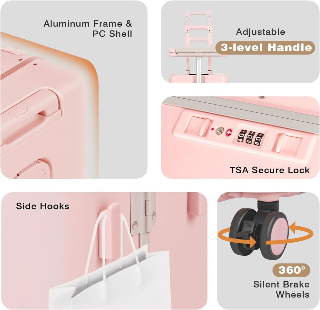 Kids Ride-On Luggage with Adjustable Safety Seat, 20 Inch Carry On Suitcase with 360° Silent Wheels, Cup & Tablet Holder, TSA Lock, For Toddlers to Adults, 200lbs Support, Lightweight Travel Suitcase
