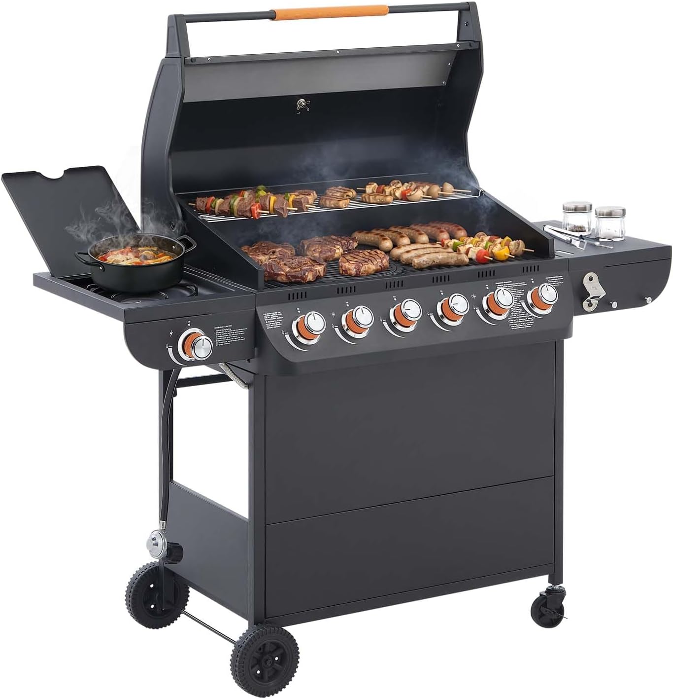 6-Burner Propane Gas BBQ Grill with Side Burner, 72,000 BTU Stainless Steel Barbecue Grill with Cast Iron Grates and Side Table for Outdoor Cooking Kitchen Patio