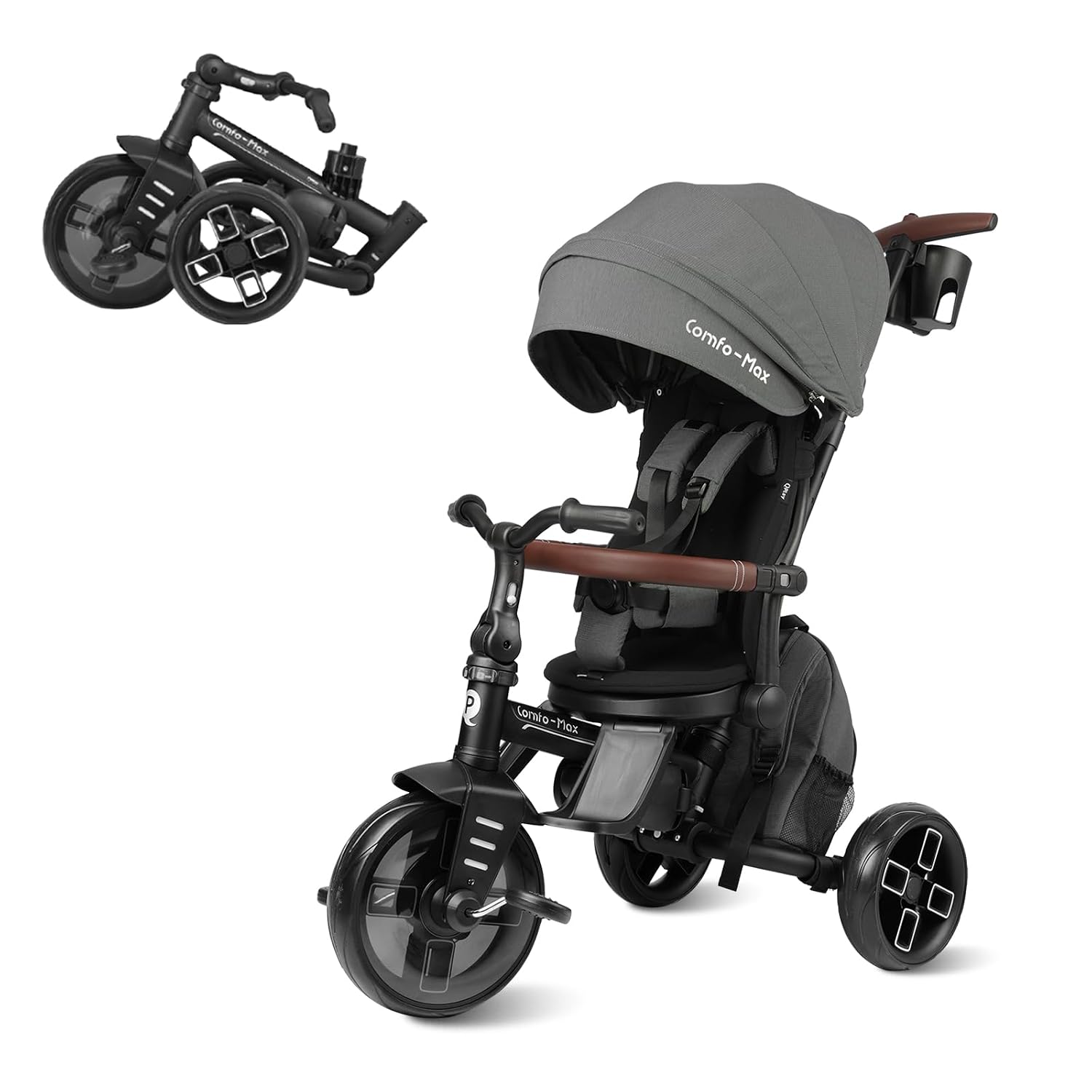 QPlay Toddler Bike Stroller for Baby 10 Months to 6 Years Old, 8-in-1 Foldable Stroller Bike for Toddlers 3-5 Boys & Girls Gifts Trike — Adjustable Handle, Triple Footrest, Canopy & Storage Bag