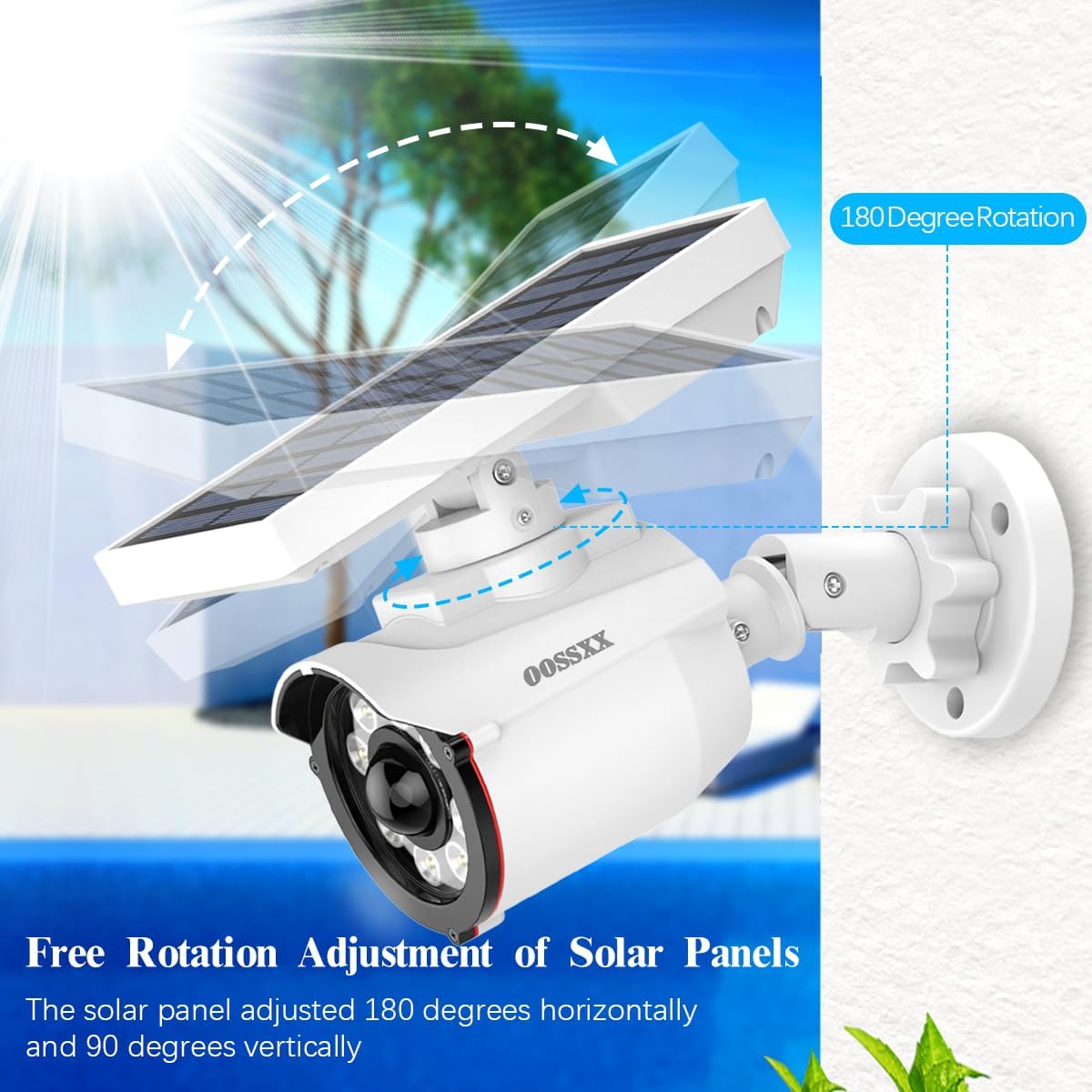 OOSSXX Solar Powered Outdoor Wireless Simulated Cameras Fake Camera Wire Free Solar Motion Light Motion Sensor Floodlights Spotlight