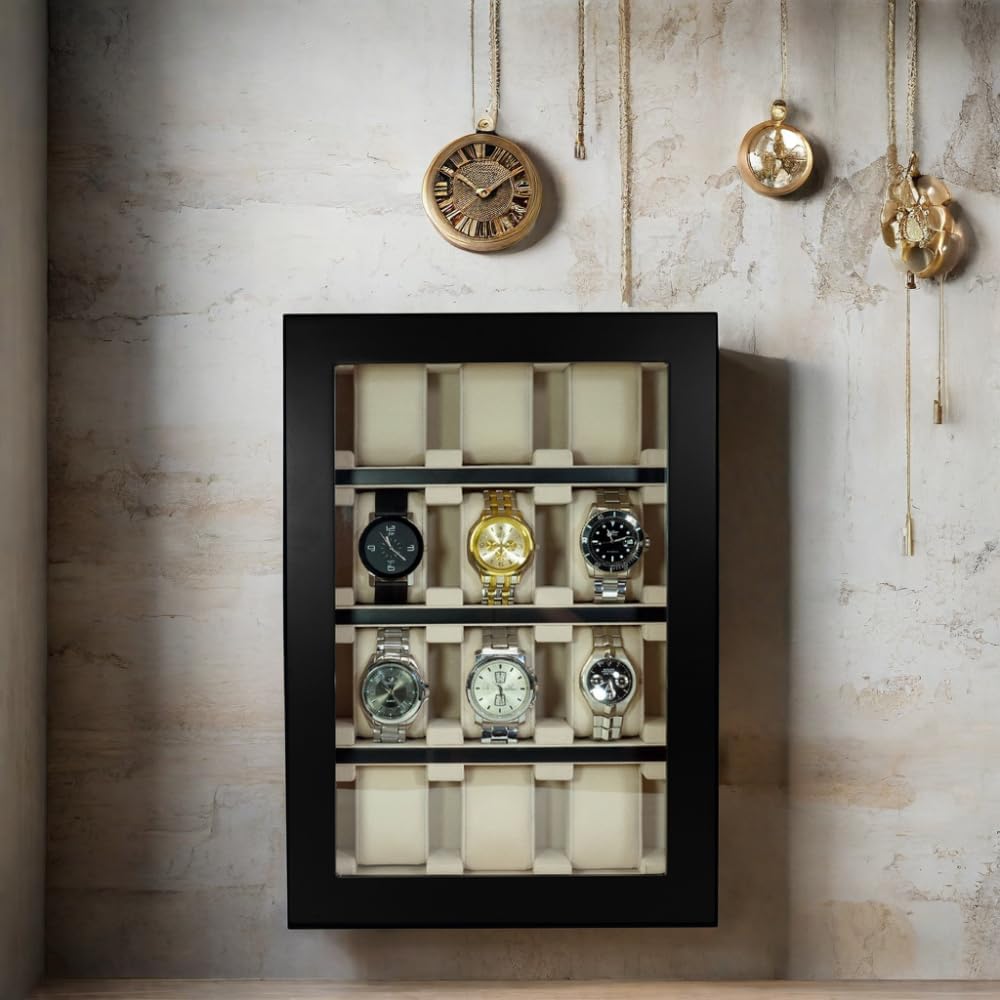 TIMELYBUYS 12 Piece Black Wood Watch Display Wall Hanging Case and Storage Organizer Box and Stand for Oversized Watches