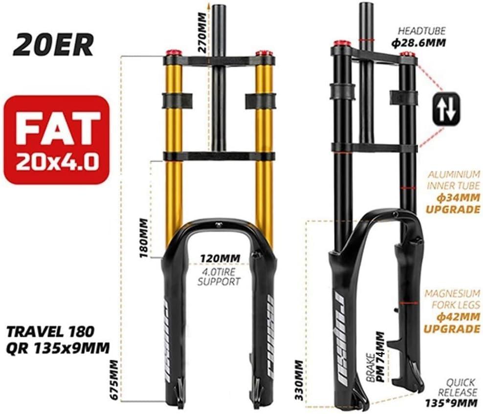 20 Inch Fat Fork 4.0' Tire Disc Brake Travel 140mm MTB Bike Air Suspension Fork 1-1/8' DH Rebound Adjustment QR Electric Bicycle Front Fork 9x135mm