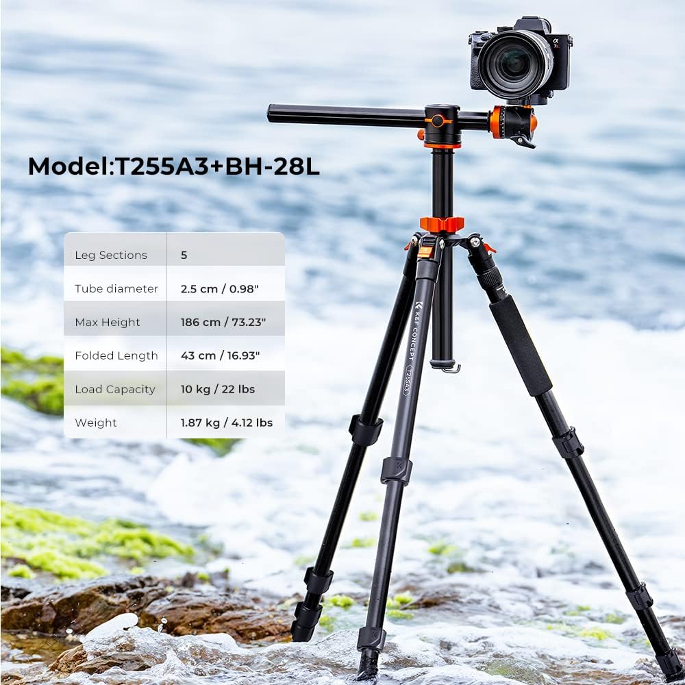 K&F CONCEPT 73 inch /186cm Camera Tripod,Transverse Center Column Aluminium DSLR Tripod with 360 Degree Ball Head 10kg Load Capacity,Quick Release Plate,Detachable Monopod T255A3+BH-28L