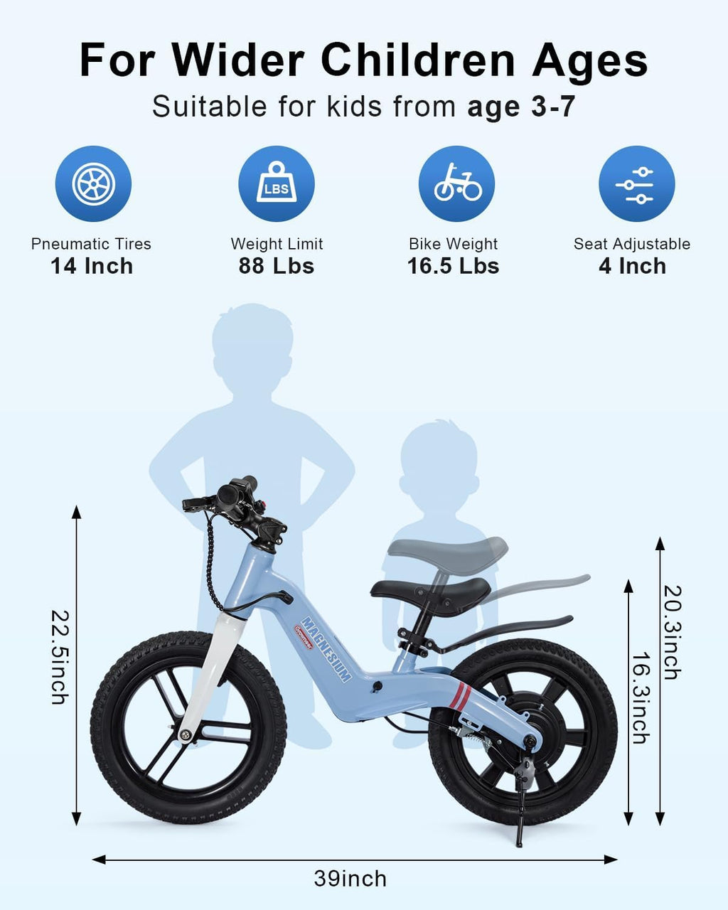 GROWNEER Electric Balance Bike for Kids, 12/14 Inch Tires, Ages 3-6, Lightweight Magnesium Alloy Frame, 3 Speed Settings(3.1/6.2/9.3 MPH), Light-up Front Tire & Adjustable Seat, Toddler Electric Bike