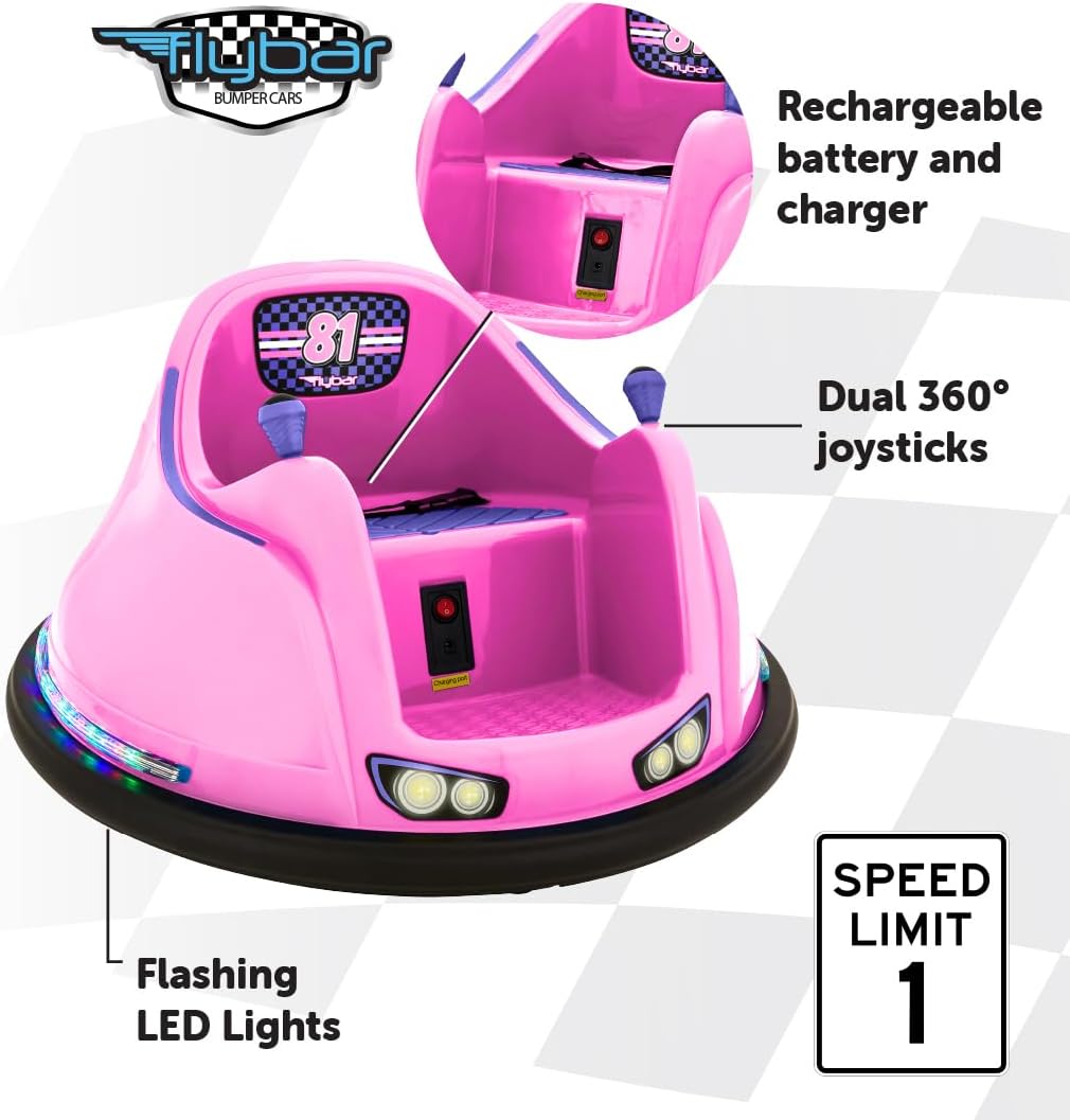 Flybar FunPark 6V Bumper Car for Toddlers, Electric Toddler Ride On Toys for Kids, Baby, Ages 1.5-4 Years, LED Lights, 360 Degree Spin, Supports up to 66 pounds (No Remote), Large, 6v Pink/Purple