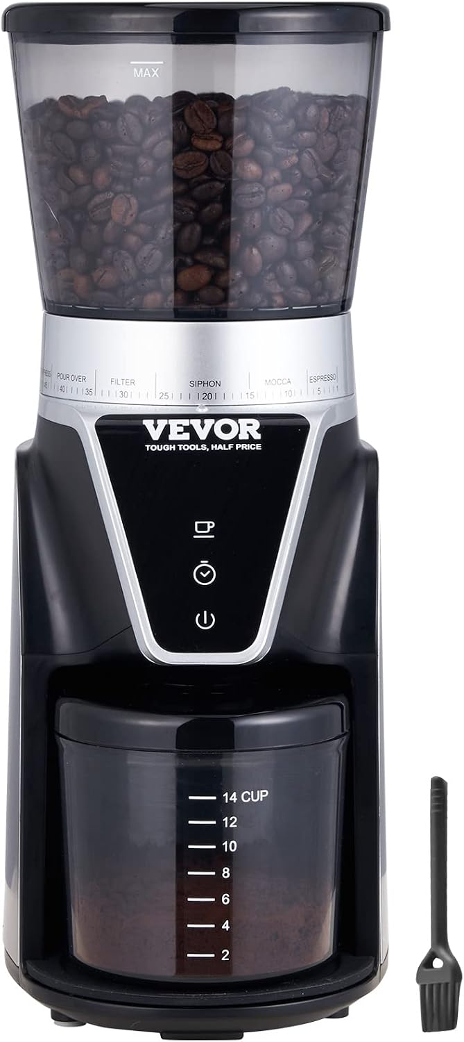 VEVOR Conical Burr Grinder, Electric Adjustable Burr Mill with 51 Precise Grind Setting, 9.7-Ounce 13 Cups Coffee Bean Grinder, Perfect for Drip, Mocha, Hand Brew, French Press, Espresso, Silver