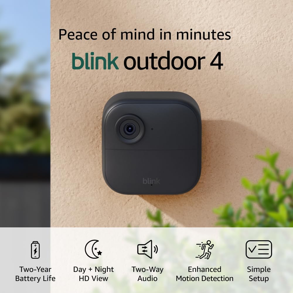 Blink Outdoor 4 (4th Gen) + Blink Mini – Smart security camera, two-way talk, HD live view, motion detection, set up in minutes, Works with Alexa – 3 camera system + Mini (Black)