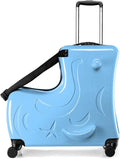 24 Inch Kid Ride Suitcase, Kid Luggage Seat Ride With Lock - Kids Travel Trolley With Safety Belt, Kids Luggage With Wheels Child Stroller Spinner Luggages, ABS+PC (Blue, 6-12 Years)