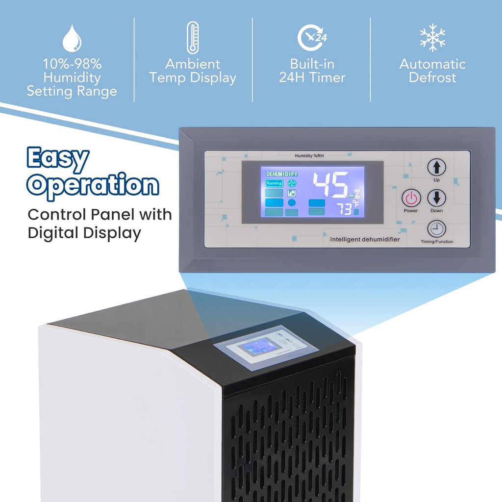 COSTWAY 250 Pints Commercial Dehumidifier with Drain Hose, Industrial Heavy Duty Dehumidifier, 24H Timer & 4 Wheels for Basement, Warehouse, Water Damage Restoration, Large Spaces up to 8,500 Sq.Ft