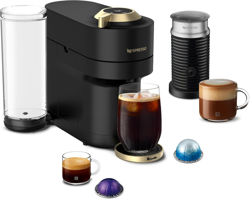 Nespresso Vertuo Pop+ Deluxe Coffee and Espresso Maker by Breville with Milk Frother, Matte Black Gold