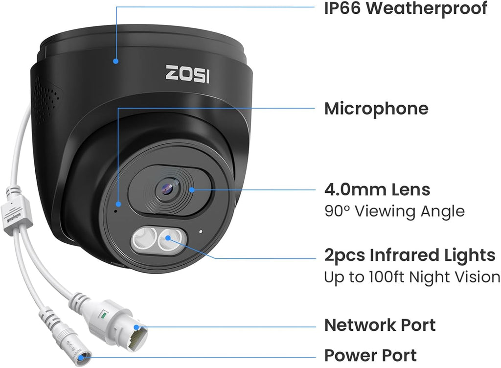 ZOSI C220 4Pack 4MP 2.5K QHD Add-On PoE IP Camera Outdoor, 1440p Surveillance Outdoor Camera to Home Security System, Only Work with ZOSI PoE NVR, 100ft Night Vision, AI Human Detection, One-Way Audio