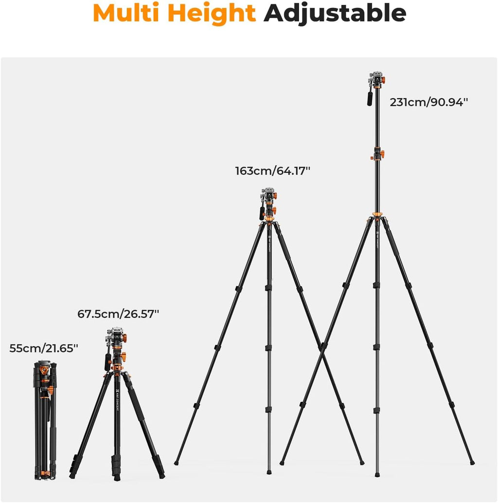 K&F CONCEPT 90''/230cm Overhead Camera Tripod, Horizontal Shooting Video Tripods with Fluid Head Heavy Duty, Detachable Monopod, for Indoor and Outdoor Use T254A7+FH-03