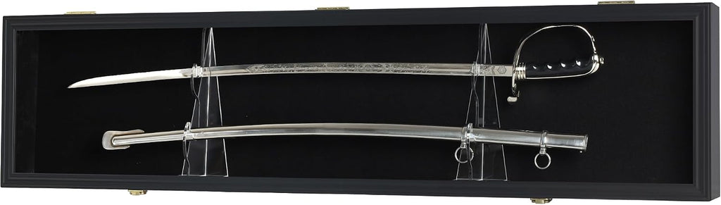 Sword Display Case Cabinet Stand Holder Wall Rack Holds Military Saber or Samurai Sword Lockable UV Protection Door Black Felt Inside (Black Finish Frame)