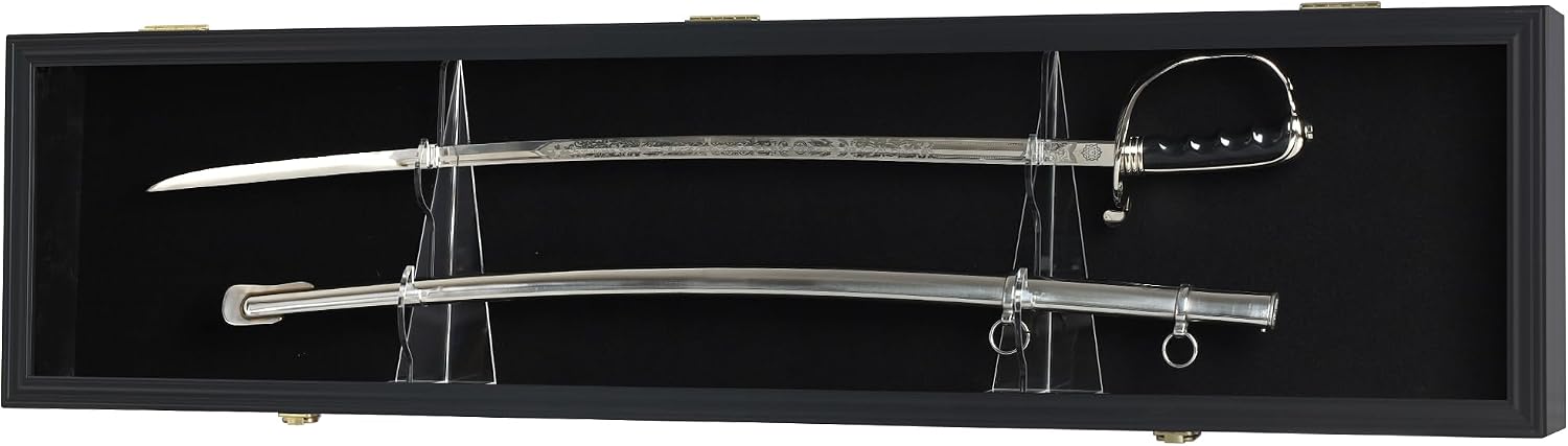 Sword Display Case Cabinet Stand Holder Wall Rack Holds Military Saber or Samurai Sword Lockable UV Protection Door Black Felt Inside (Black Finish Frame)