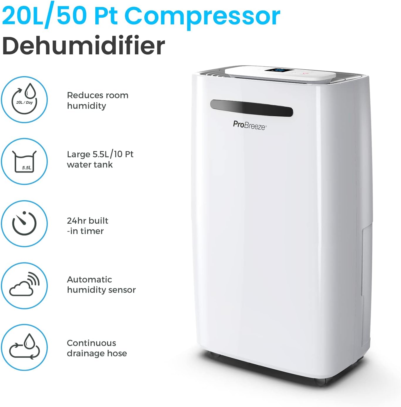 Pro Breeze 50 Pint Dehumidifier - 3,500 4,000 Sq Ft Dehumidifiers for Home Large Room Basements with Humidity Sensor, Auto Shut Off, Continuous Drainage Hose, Removes Moisture, Ideal for Basement