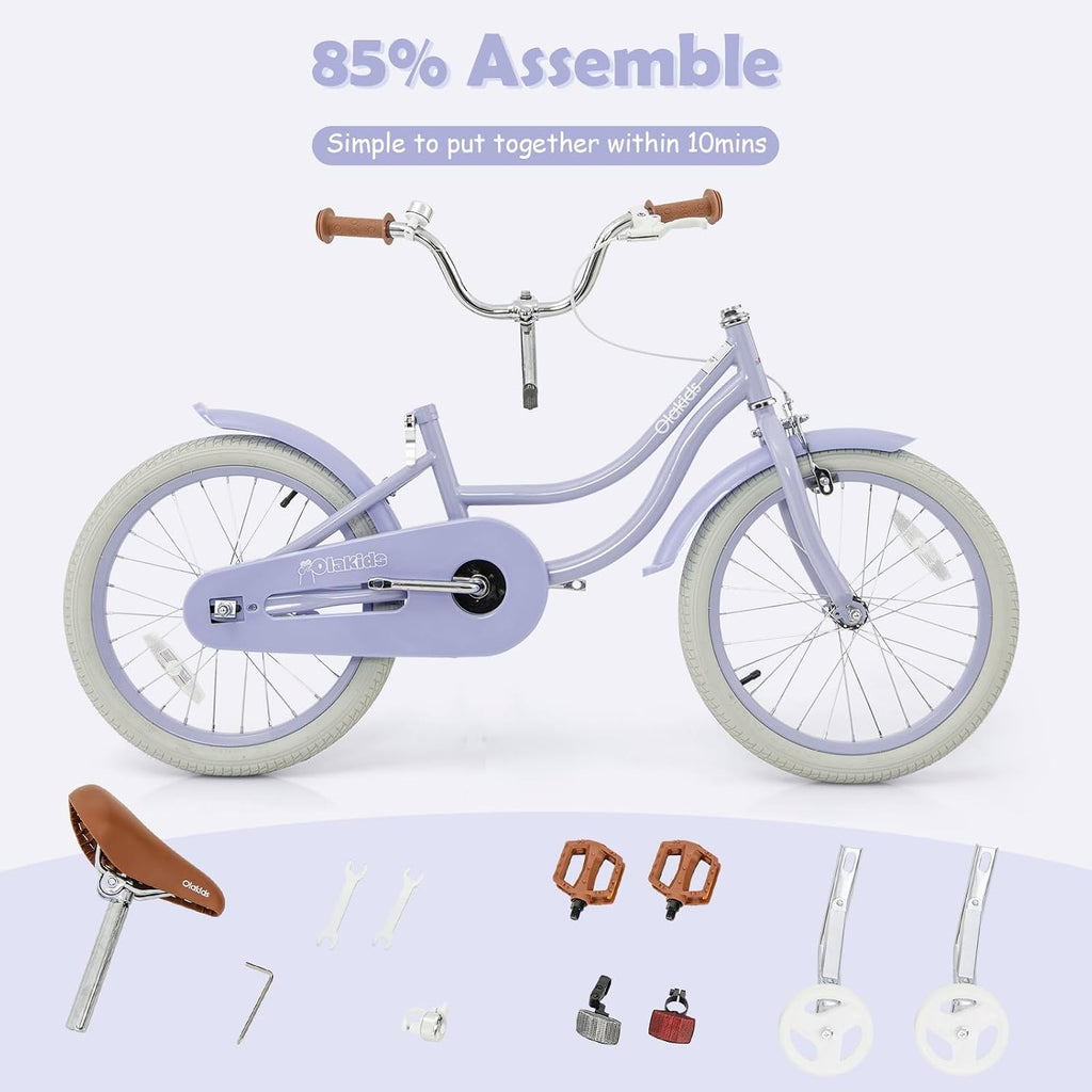 Olakids Kids Bike, 12 14 16 18 20 Inch Toddlers Bike with Training Wheels Rattan Basket Safety Bell Adjustable Seat and Handlebar, Children's Bicycle for Girls Boys