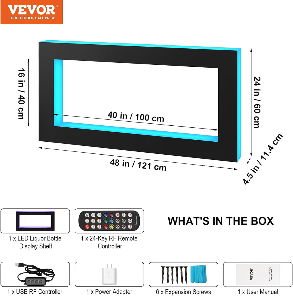 VEVOR LED Lighted Liquor Bottle Display Shelf, Square 48 Inches, Supports USB,Illuminated Home Bar Shelf w/RF Remote & App Control 7 Static Colors 1-4 H Timing, Acrylic Wall-Mounted Shelf