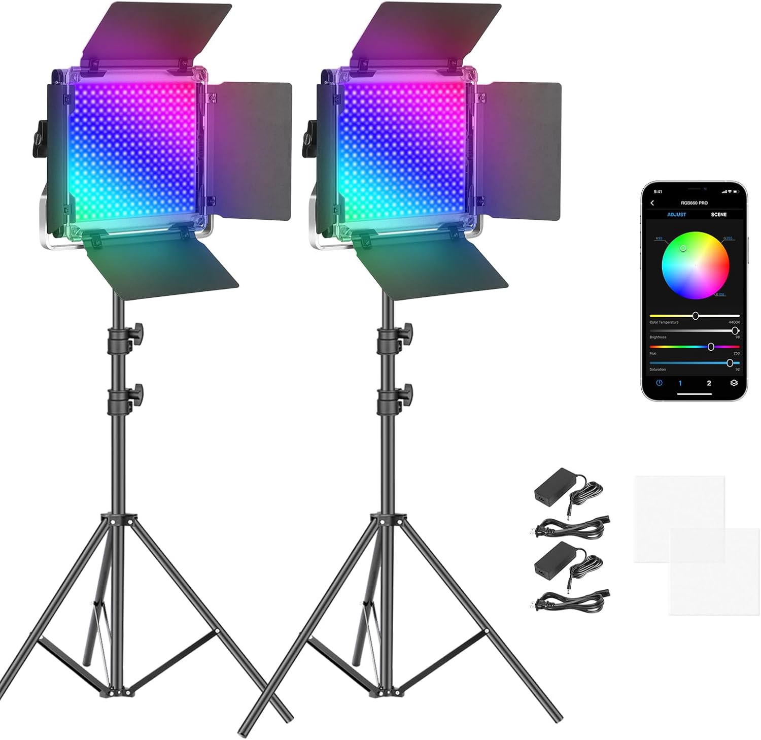NEEWER 2 Pack 660 PRO RGB LED Video Light with App Control Tripod Stand Kit, Studio Panel Key Lighting for Gaming Streaming Zoom YouTube Webex Photography, 360° Full Color, 50W Dimmable, Bluetooth