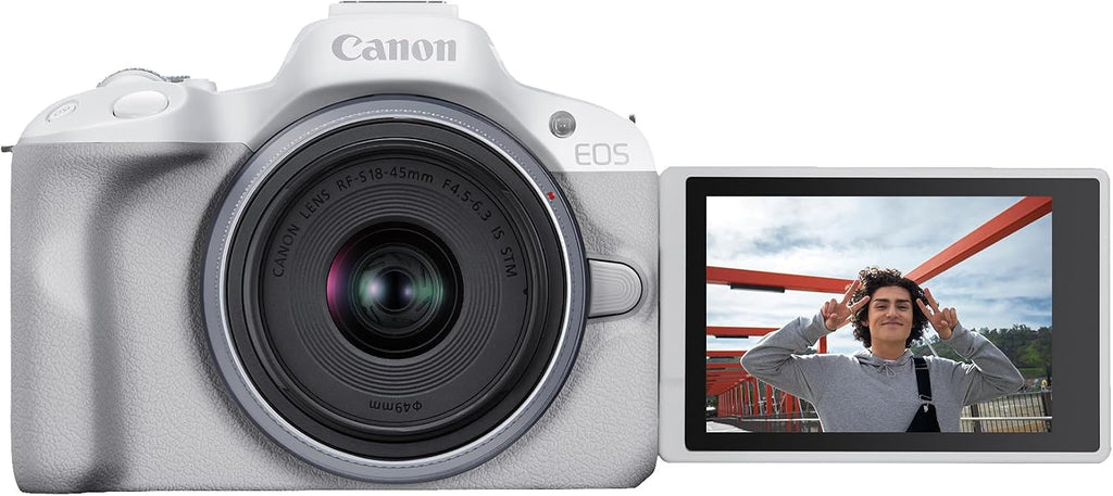 Canon EOS R50 Mirrorless Camera RF-S18-45mm F4.5-6.3 is STM Lens Kit, 24.2 Megapixel CMOS (APS-C) Sensor, 4K Video, Hybrid Camera, Photo and Video, Vlogging, Content Creator, RF Mount, White