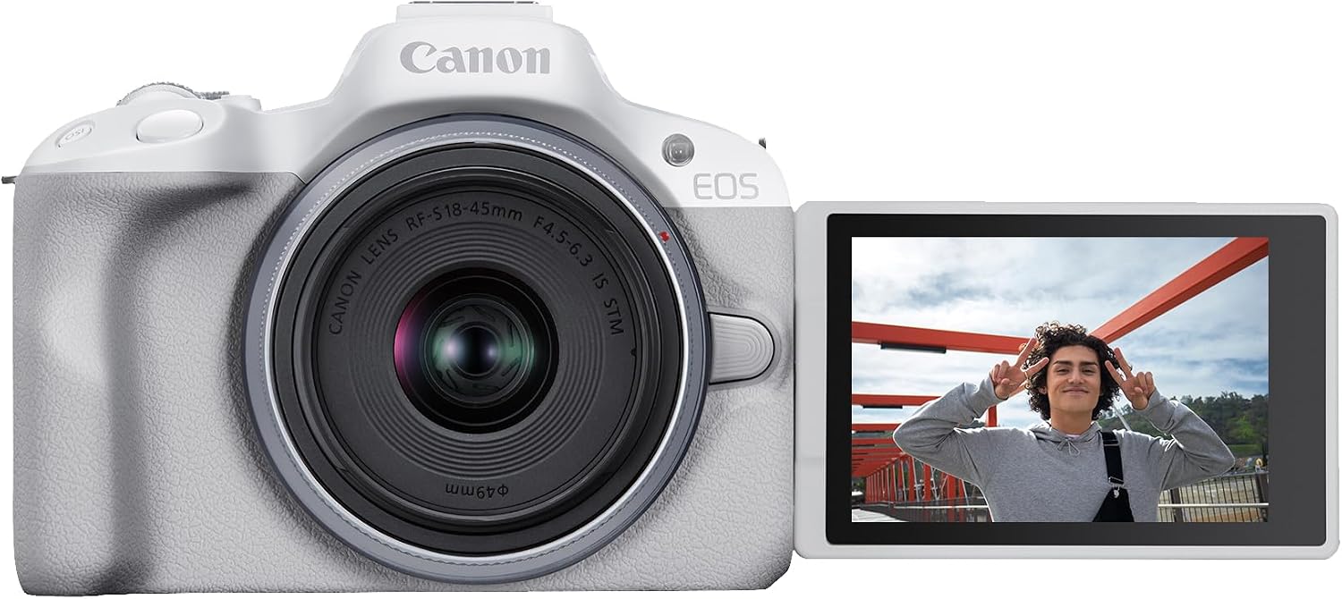 Canon EOS R50 Mirrorless Camera RF-S18-45mm F4.5-6.3 is STM Lens Kit, 24.2 Megapixel CMOS (APS-C) Sensor, 4K Video, Hybrid Camera, Photo and Video, Vlogging, Content Creator, RF Mount, White