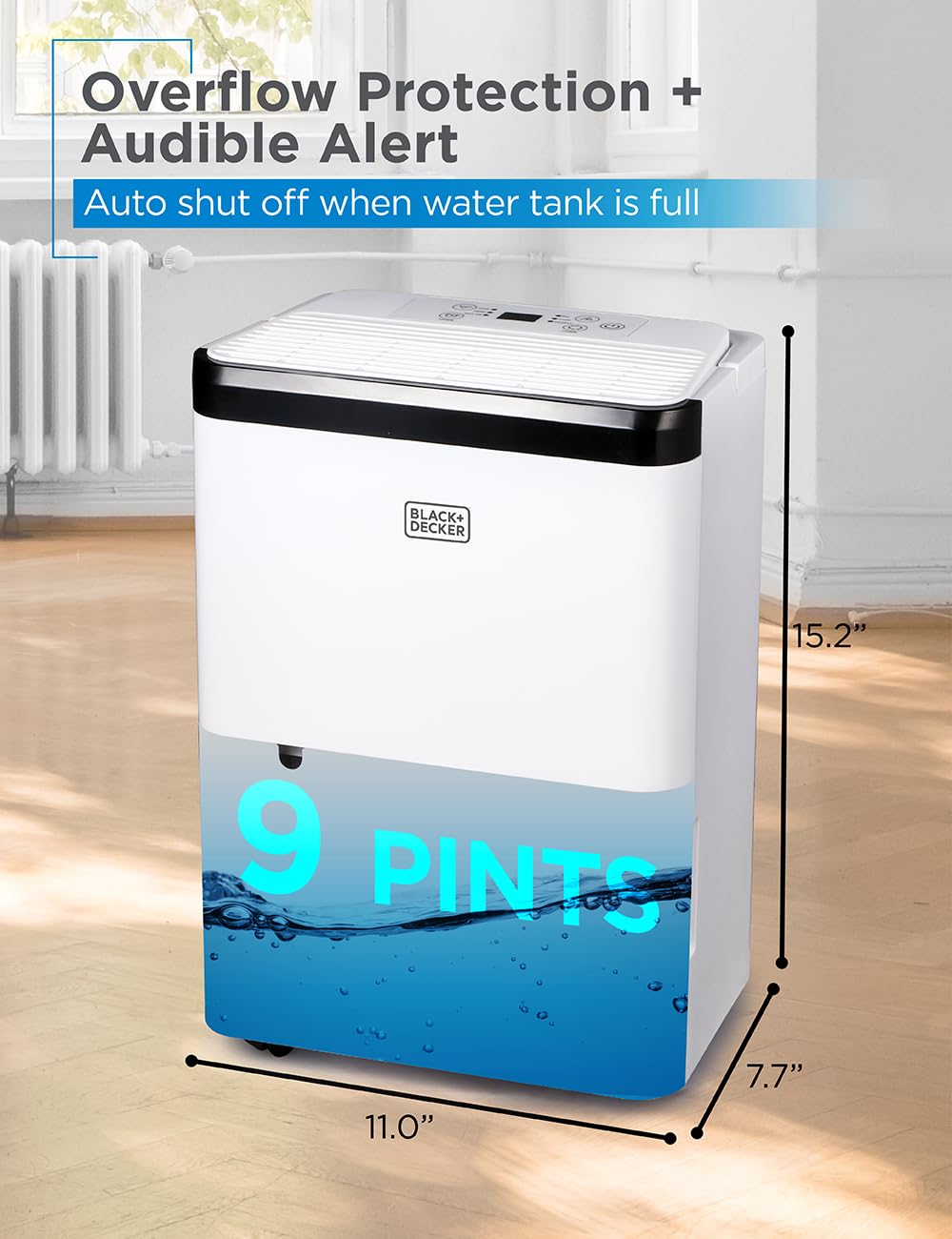 BLACK+DECKER 1000 Sq. Ft. Dehumidifier for Home, Bedroom and Basement, Up To 9 Pints Per Day, ENERGY STAR Certified, 3.3-Pint Bucket, LED Display, Auto Defrost & Restart, BDT08TW, White