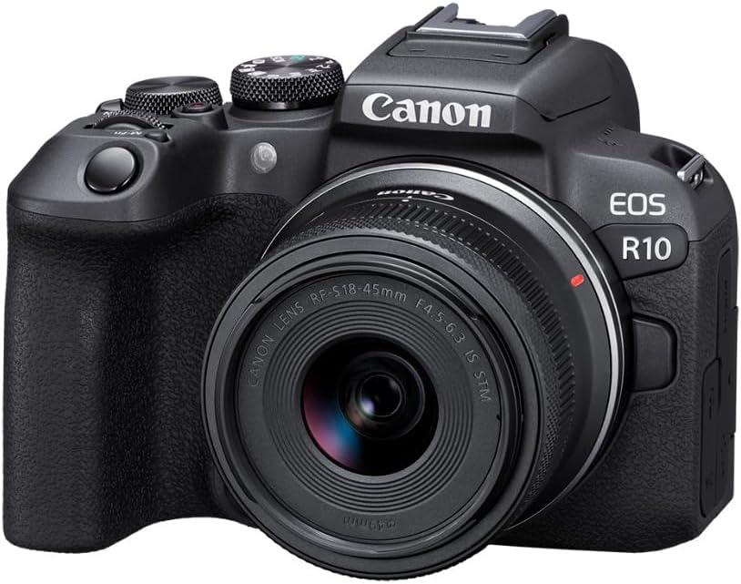 Canon EOS R10 Content Creator Kit, Mirrorless Vlogging Camera with RF-S18-45mm F4.5-6.3 is STM Lens, Tripod and Stereo Microphone, 24.2 Megapixel CMOS (APS-C) Sensor, 4K Video, Black
