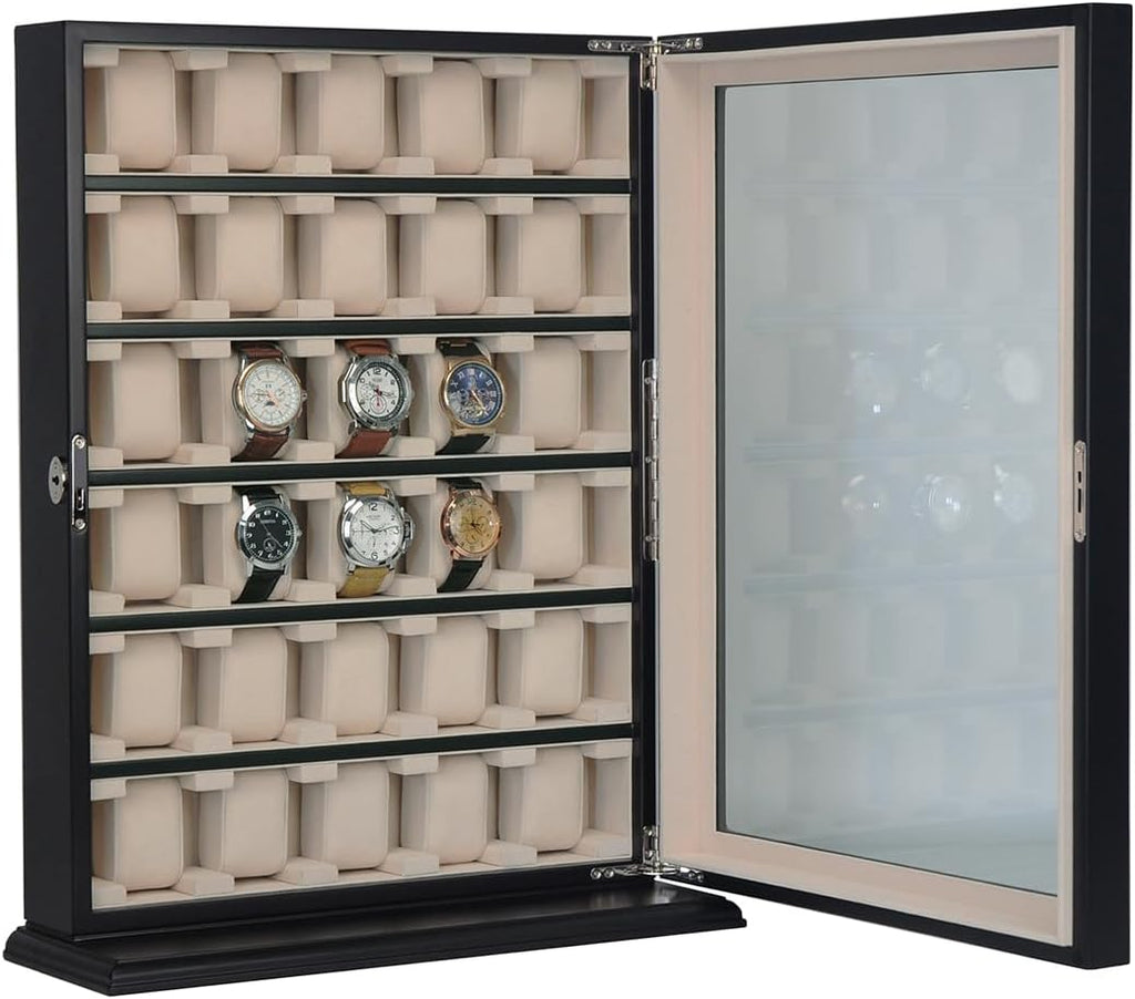 TIMELYBUYS 30 Piece Black Wood Watch Display Wall Hanging Case and Storage Organizer Box and Stand for Oversized Watches