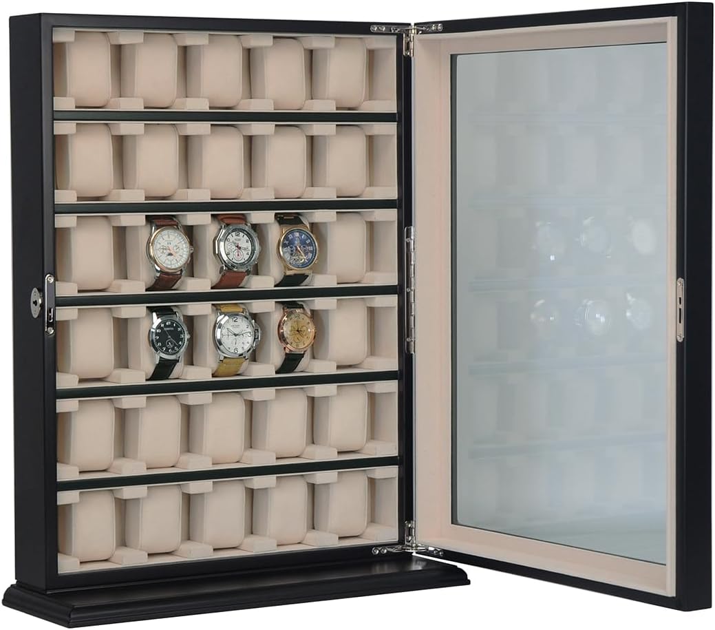 TIMELYBUYS 30 Piece Black Wood Watch Display Wall Hanging Case and Storage Organizer Box and Stand for Oversized Watches