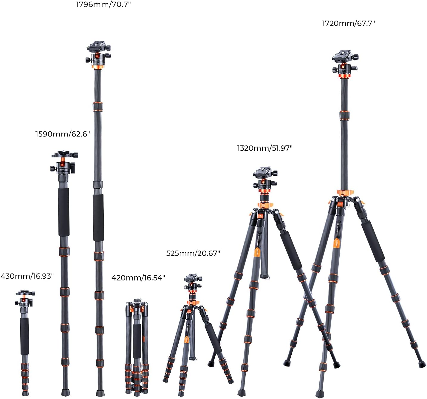 K&F Concept 68' Carbon Fiber Camera Tripod,Compact Tripods with Metal Ball Head,Quick Release Plate,Detachable Monopod 10KG Load for DSLR Cellphone Tripods(SA255C1) D255C4+BH-28L