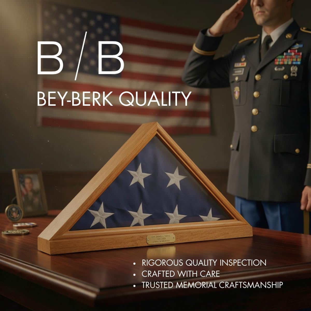 Bey-Berk Custom Personalized Solid Wood Triangle Glass Front Flag Display Case (Oak)
