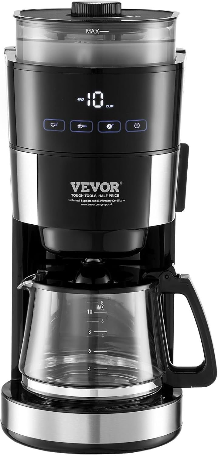 VEVOR Coffee Maker with Grinder, 10 Cup Coffee Machine, Grind and Brew Coffee Maker with 3 Brew Strength Control, Adjustable Grinding Coarseness, for Home Office Restaurant