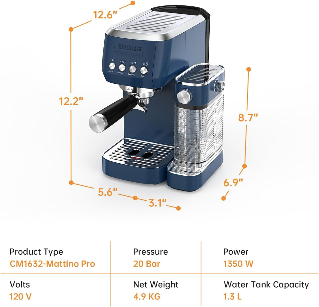 MAttinata Cappuccino Machine 20 Bar, Professional Espresso Machines for Home and Office with Automatic Milk Frothering System, Barista Compact Latte Maker for Coffee Lovers, Stainless Steel-Blue