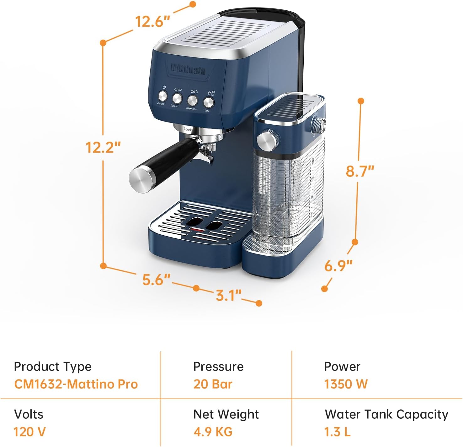MAttinata Cappuccino Machine 20 Bar, Professional Espresso Machines for Home and Office with Automatic Milk Frothering System, Barista Compact Latte Maker for Coffee Lovers, Stainless Steel-Blue